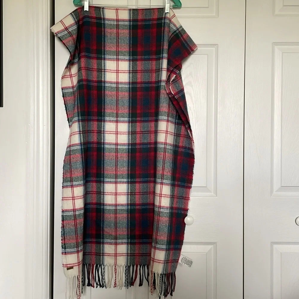 Eddie Bauer pink green blue cream plaid scarf. 86”long. 26.5” wide. Fringe.